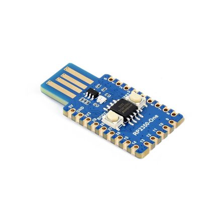 Waveshare RP2350-One — a blue USB-A stick board