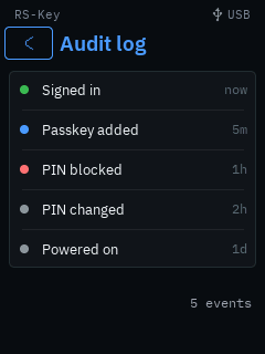 The trusted display’s Audit log: five colour-coded rows newest first — Signed in (now), Passkey added (5m), PIN blocked (1h), PIN changed (2h), Powered on (1d) — with a “5 events” footer
