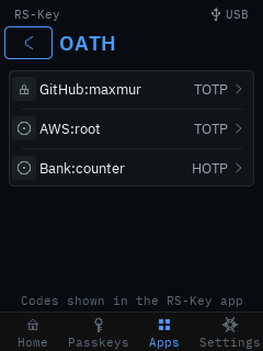 The trusted display’s OATH list: three credentials — GitHub:maxmur (TOTP, padlocked for touch), AWS:root (TOTP) and Bank:counter (HOTP) — above the note that codes are shown in the RS-Key app