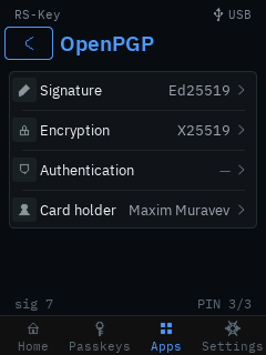 The trusted display’s OpenPGP overview: Signature (Ed25519), Encryption (X25519), an empty Authentication slot and a Card holder row, with the signature counter and PIN attempts along the bottom