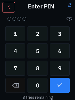 The trusted display’s Device PIN screen: a row of masked entry dots and an eye reveal toggle above a 3×4 numeric keypad (1–9, a backspace key, 0, and a blue confirm key), with “8 tries remaining” beneath
