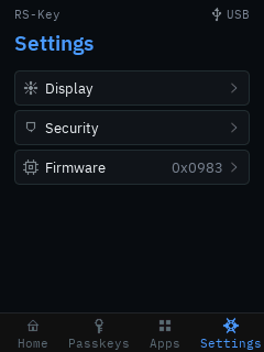 The trusted display’s Settings menu with three entries, Display, Security, and Firmware (showing the running bcdDevice build), above the navigation bar