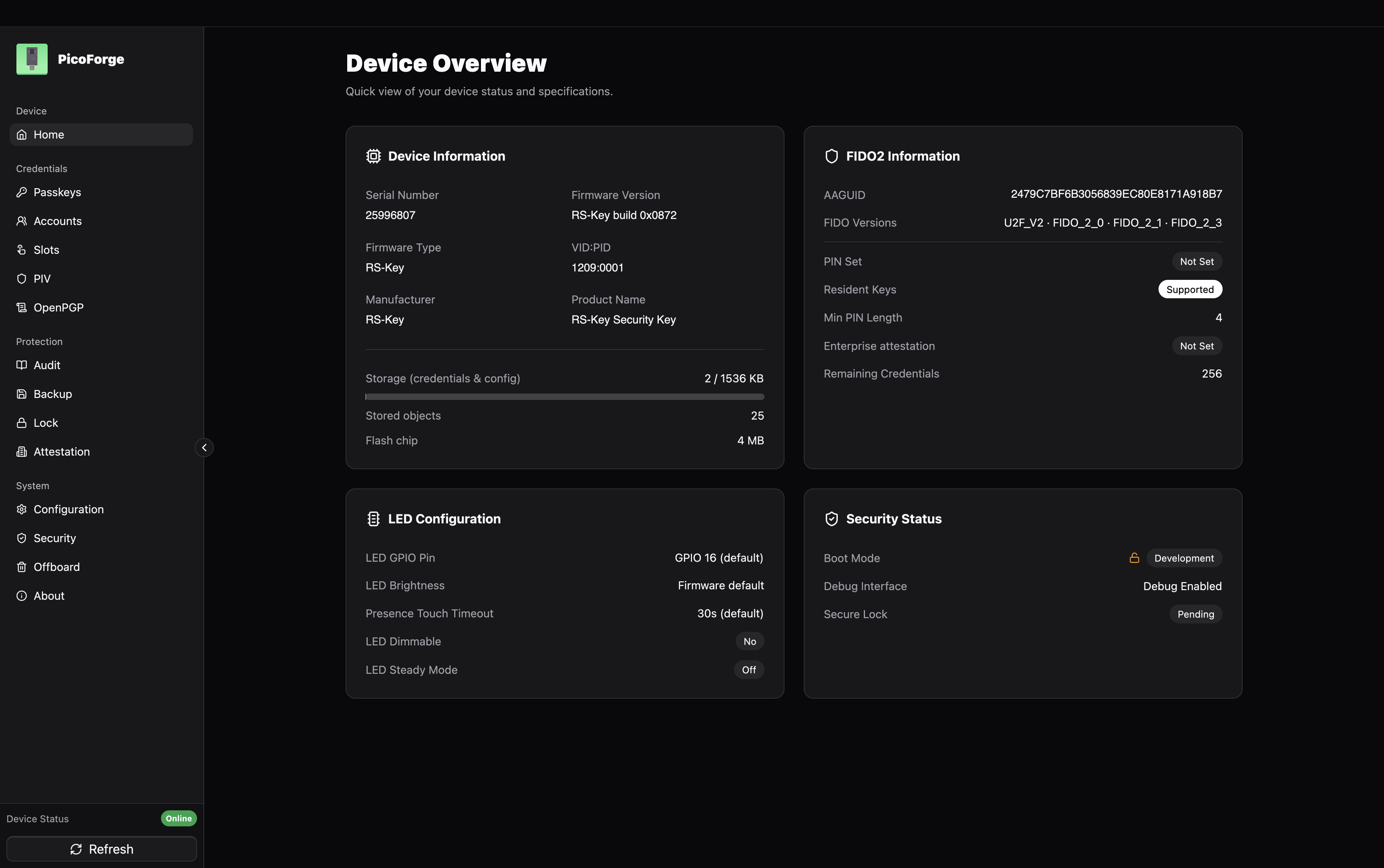 PicoForge on its Device Overview page, reading a freshly flashed RS-Key: a sidebar of sections (Home, Passkeys, Accounts, Slots, PIV, OpenPGP, Audit, Backup, Lock, Attestation, Configuration, Security, Offboard) and four cards — Device Information (serial number, firmware “RS-Key build 0x0872”, VID:PID 1209:0001, manufacturer and product name “RS-Key Security Key”, storage 2 of 1536 KB, 4 MB flash chip), FIDO2 Information (AAGUID, U2F_V2 and FIDO 2.0 / 2.1 / 2.3, PIN “Not Set”, resident keys supported, minimum PIN length 4, 256 remaining credentials), LED Configuration (GPIO 16, 30 s presence touch timeout) and Security Status (boot mode Development, debug enabled, secure lock pending)